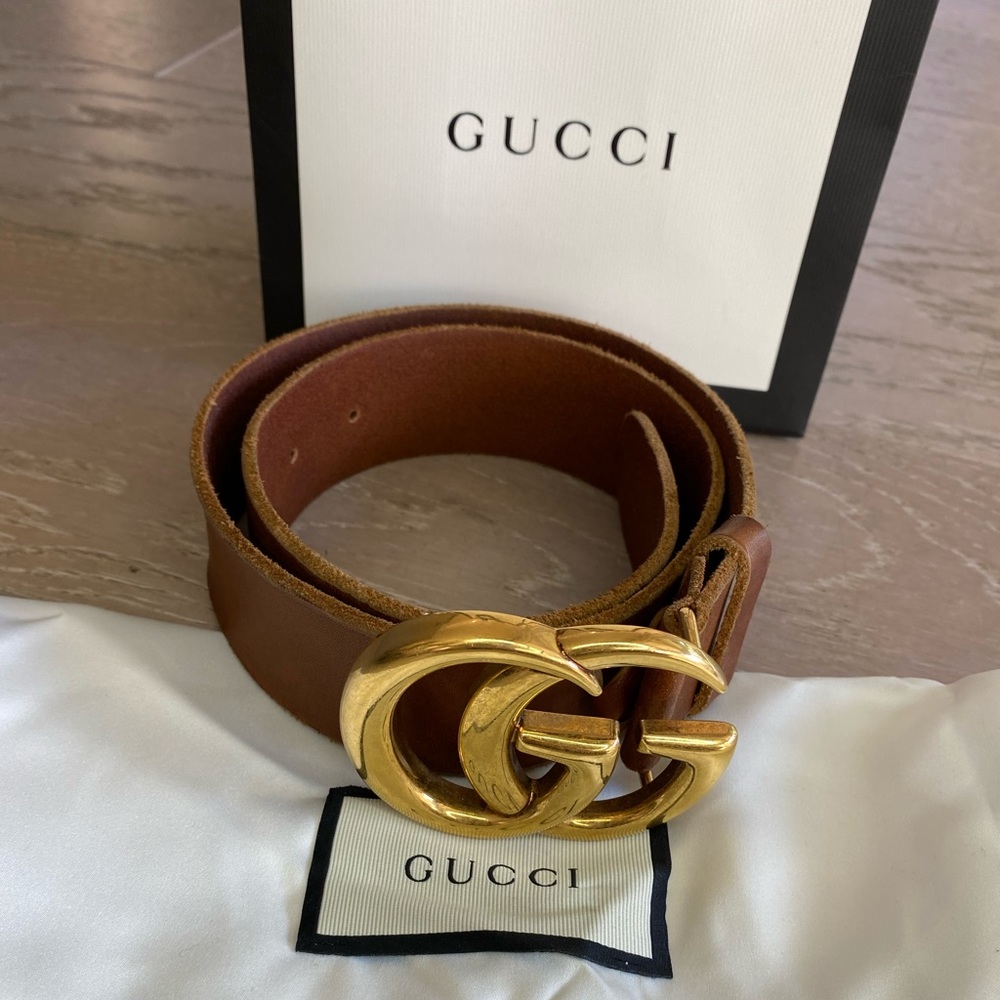 Authentic Gucci Marmont Belt GG Brown Gold 70